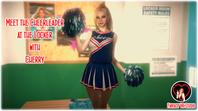 A cheerleader in cosplay performs a POV blowjob in a locker room with FantasyVR Studio 4K resolution.