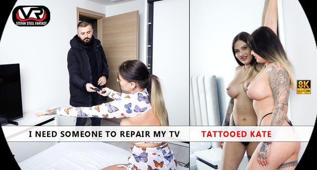 Tattooed Kate performs a blowjob in a studio setting within a non POV 4K 60 FPS VR video by Stefan Steel Fantasy