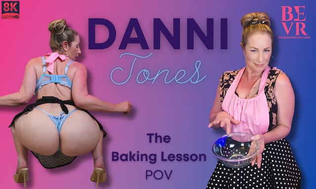 Danni Jones performs a solo baking lesson in a kitchen setting captured in 4K 60 FPS VR POV for BlushErotica
