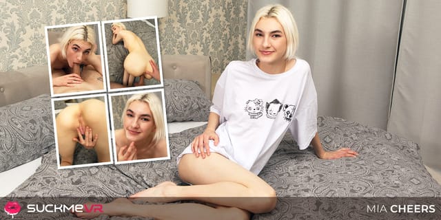 Blonde Mia Cheers receives a POV blowjob in a 4K VR scene featuring extreme stretching and premium production quality.