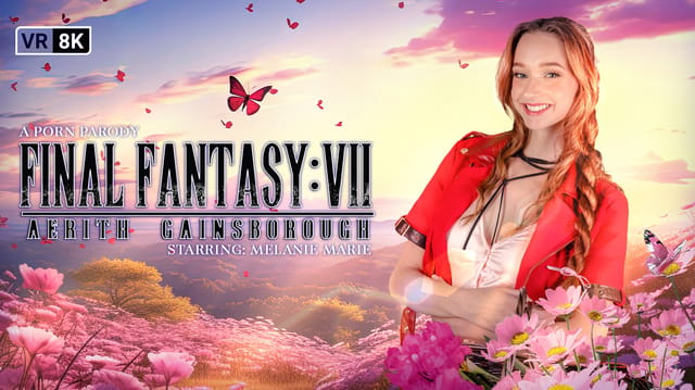 Cosplayer Melanie Marie performs a close-up POV blowjob as Aerith from Final Fantasy VII in this 60 FPS VR production.