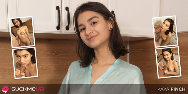 Kaya Finch performs masturbation in a kitchen setting captured in 4K 180 degree VR POV footage by Suck Me VR.