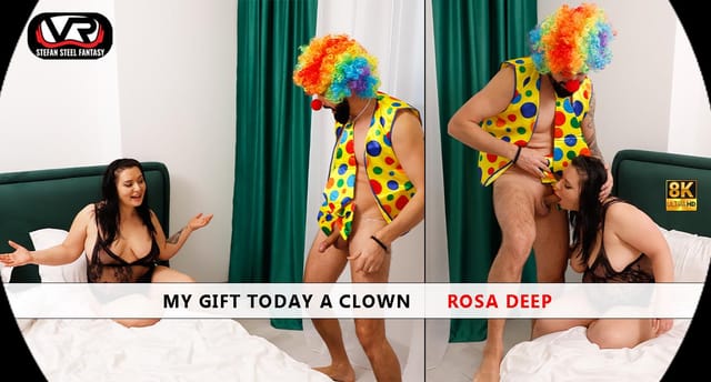 Rosa Deep performs a non POV blowjob in a clown setting, featuring 4K resolution and 60 FPS VR video production.