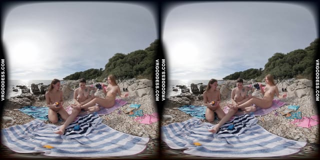 Kirstina With Her Friends Emmux And Rebeka Ruby Nude Beach Picnic And Sunbathing VRgoddess — photo 2