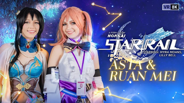 Lilly Bell and Myra Moans in cosplay as Asta and Ruan Mei pose for a 4K VR POV scene in a premium studio setting.