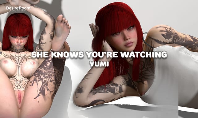 A petite redhead model in a VR scene looks directly at the camera in a 180 degree 4K premium production by Desire Room