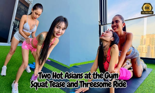 Lisa Star and Cherry Lee squat tease in a gym before performing a group sex scene in this 4K VR POV video by FitLoversVR