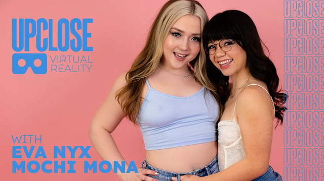 Mochi Mona and Eva Nyx perform oral sex on Isiah Maxwell in a POV group sex scene from UPCLOSE VR 4K video