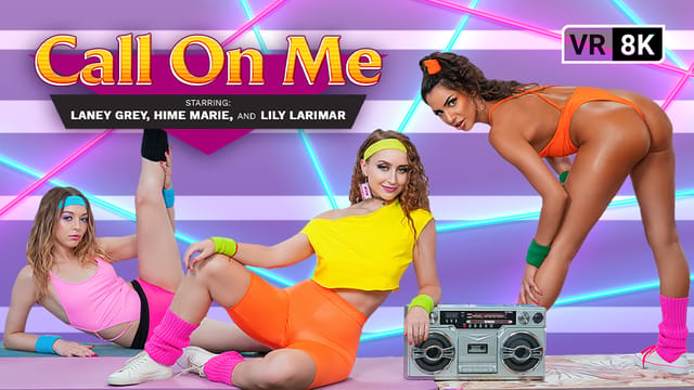 Lily Larimar, Hime Marie, and Laney Grey perform group blowjobs in a VR POV scene captured in 60 FPS.