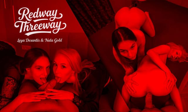Leya Desantis and Nata Gold perform a threeway POV blowjob in a VR scene featuring 60 FPS pussy licking and kissing.