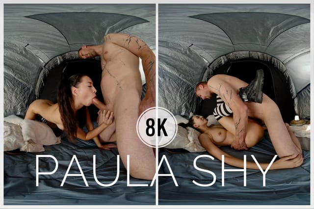 Brunette Paula Shy gives a blowjob and licks pussy in a tent during this 4K VR video from PS-Porn