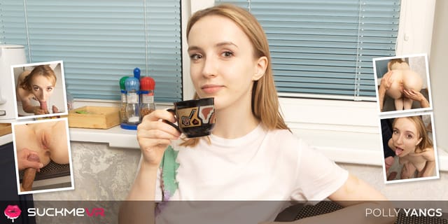 Polly Yangs performs a POV blowjob in a coffee shop setting, presented in 4K 180 degree VR by Suck Me VR.