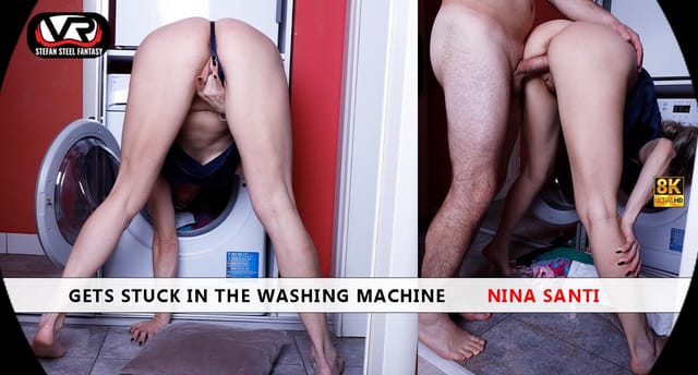 Nina Santi receives a blowjob and handjob while stuck in a washing machine in this 4K Stefan Steel Fantasy VR video