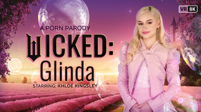 Khloe Kingsley performs a POV blowjob in a Glinda cosplay setting for VR Conk, featuring 60 FPS premium VR content.
