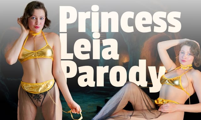 Brunette Lucy Wilde in Princess Leia cosplay performs a solo VR scene filmed in 4K quality with a first-person perspective view.