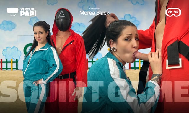 Morea Black in cosplay performs a POV blowjob in a European VR scene filmed in 60 FPS for Virtual Papi