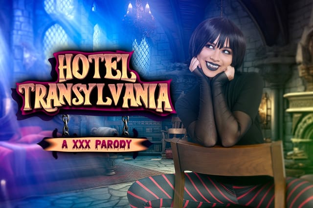 Scarlett Alexis in Hotel Transylvania cosplay performs a POV blowjob in a hotel room, featuring 60 FPS VR content.