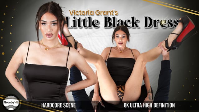 Victoria Grant in a black dress performs a blowjob and anal on camera in 4K VR POV video