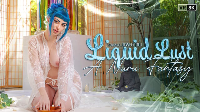 Jewelz Blu performs anal and blowjob POV scenes in a Nuru fantasy VR video featuring 4K resolution and 60 FPS playback.