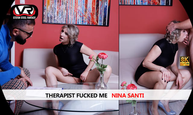 Nina Santi performs a footjob and oral sex in a VR therapist roleplay scene filmed in 4K resolution
