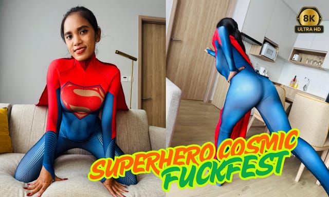 Cherry Lee in a superhero cosplay performs a blowjob in a cosmic setting, featuring 4K VR POV footage.