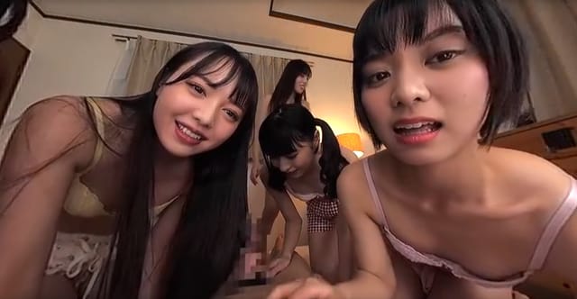 Six women with small breasts perform group sex and oral acts in a 60 FPS Japanese adult VR experience filmed in POV.