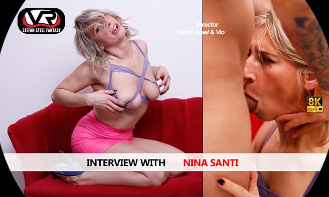Nina Santi performs a POV blowjob in a Stefan Steel Fantasy VR interview setting recorded in 4K resolution.