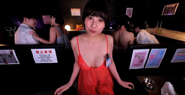 Four brunettes engage in group sex in a club VIP room during a 4K VR POV scene.