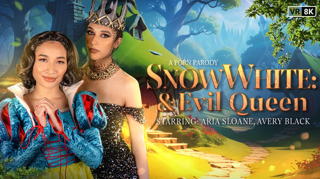 Avery Black and Aria Sloane in Snow White and Evil Queen cosplay engage in group sex in this 60 FPS VR POV video.