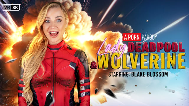 Blake Blossom in Deadpool cosplay performs a POV blowjob and titty fuck for Lady Deadpool and Wolverine in a VR Conk production