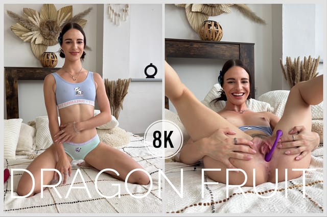 Brunette model Dragon Fruit masturbates in a solo VR POV scene filmed in 4K resolution with 60 FPS smoothness.