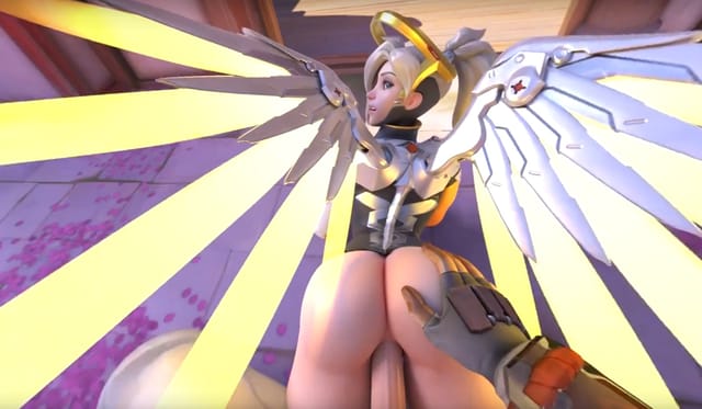 Overwatch Mercy character in prone position during POV adult VR scene in 4K resolution