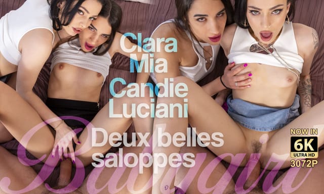 Candie Luciani and Clara Mia perform group sex in a POV VR scene with 4K resolution and 60 FPS.