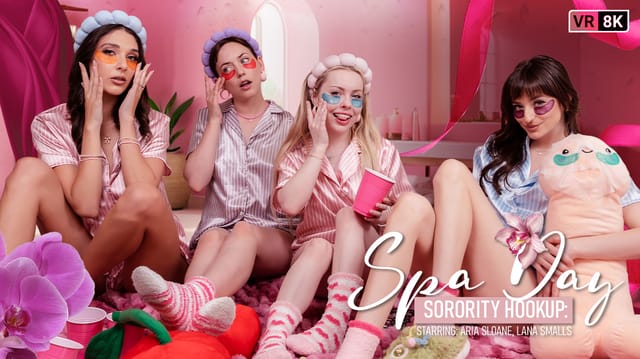 Lana Smalls and Aria Sloane perform group sex and oral sex in a spa setting during this VR POV scene.