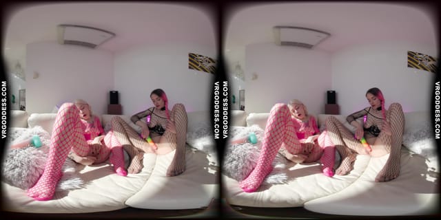 Alise And Alice On The Couch Both Masturbating Then Double Dildo Deep Penetration Lesbian Sex VRgoddess — photo 5