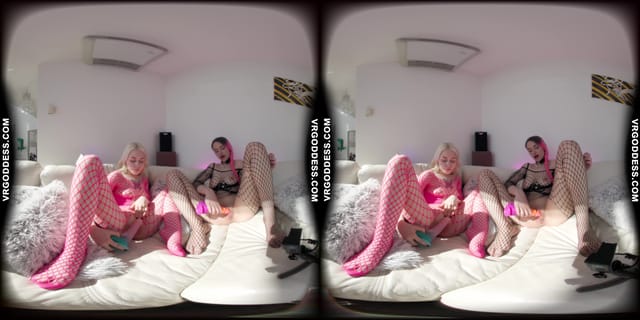 Alise And Alice On The Couch Both Masturbating Then Double Dildo Deep Penetration Lesbian Sex VRgoddess — photo 7