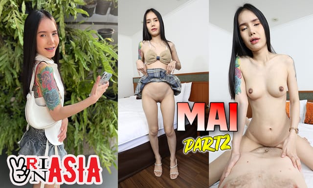 Brunette model Mai performs oral sex in a POV VR scene with 4K resolution and 60 FPS.